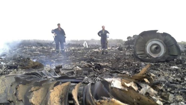 Emergency workers at the site of the MH17 crash.