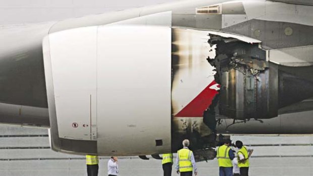 The damaged engine of the Qantas A380 passenger plane QF32 after it made an emergency landing at Changi airport on November 4.