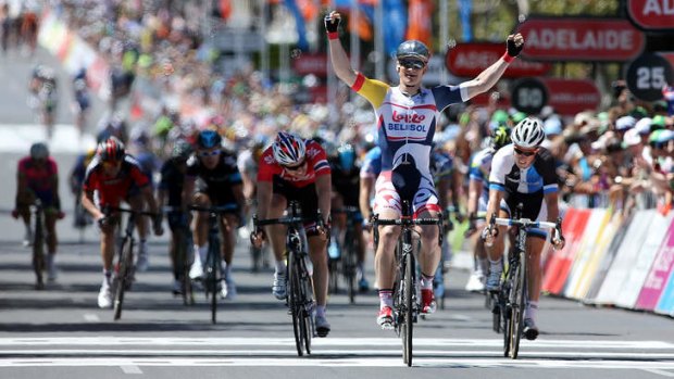It's mine: Andre Greipel celebrates after winning stage six of the Tour Down Under.