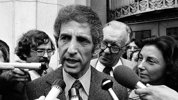 In this April 28, 1973, file photo, Daniel Ellsberg, co-defendant in the Pentagon Papers case, talks to media outside the Federal Building in Los Angeles.