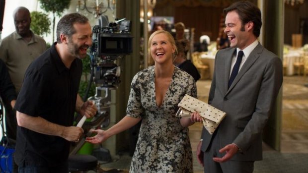 Judd Apatow, Amy Schumer and Bill Hader on set of the film <i>Trainwreck</i>.