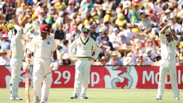 Ricky Ponting of Australia calls for a third umpire decision for the wicket of Shivnarine Chanderpaul.