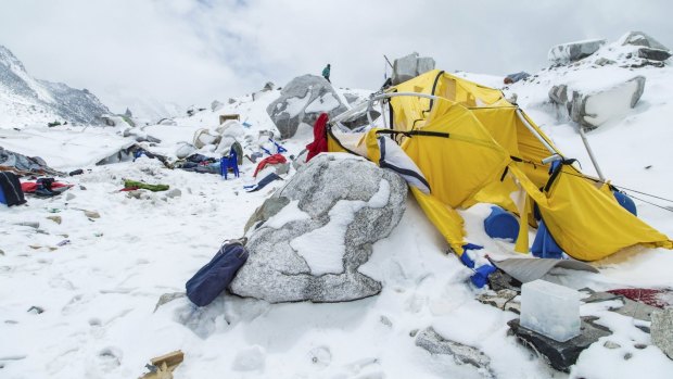 The Mount Everest south base camp in Nepal is seen a day after a huge avalanche, triggered by the earthquake, killed at least 17 people.