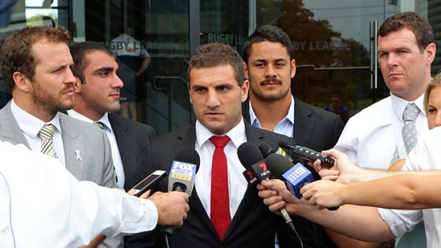 Big names ... Robbie Farah is flanked by Clint Newton, Tim Mannah, Jarryd Hayne and Jason King after meetings with the ARL Commission regarding the salary cap.
