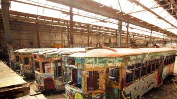 Vandalised and covered in graffiti... two of the six trams, some dating back to the 1930s, and the old coach stored in the crumbling Rozelle tram depot shed at Glebe.
