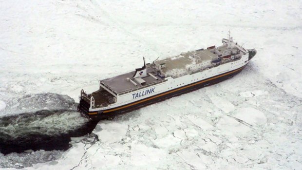 Stuck ... a cargo ship is seen trapped in ice in the Baltic Sea.