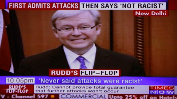 Grilling ... how the Indian news channel Times Now portrayed the Prime Minister's comments about attacks in Australia.