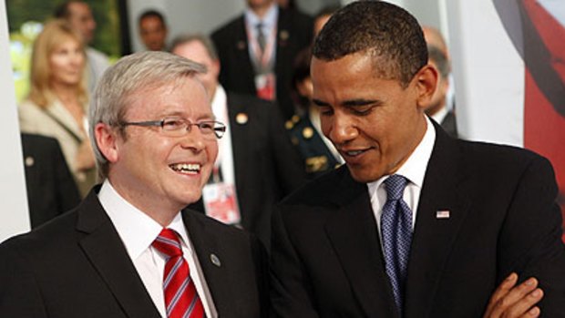 Flying high . . . Australian Prime Minister, Kevin Rudd, rubs shoulders with world leaders including US President, Barack Obama, at the G8 summit in Italy.