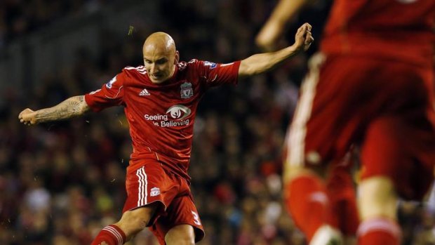 Liverpool's Jonjo Shelvey fires in Liverpool's fouth goal.