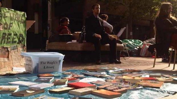 People have donated books to the campsite at Martin Place.