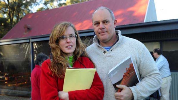Yarra Valley residents Fiona McAllister and James Gray at Kinglake West yesterday. My Gray says he wanted to express concerns to Premier John Brumby, face to face. <i>Picture: Justin McManus</i>