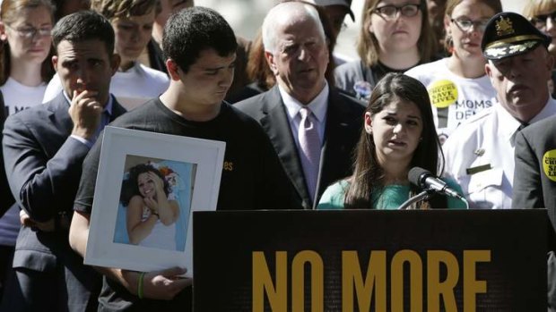 Plea: Siblings of Victoria Soto, who was killed in Newtown, address the rally.