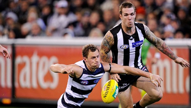 James Kelly (above, with Collingwood's Dane Swan), Jimmy Bartel and Paul Chapman have all stood up in the absence of Gary Ablett.