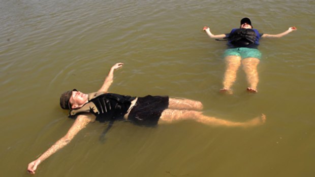 Roanna Cranstourn and Robyn Haig escape the heat in The Murray River at Mildura.