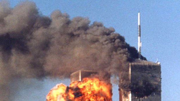 A ball of fire erupts from one of the towers of New York's World Trade Centre after a plane was deliberately flown into it.