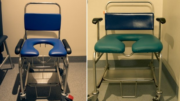 A normal wheelchair and one designed for obese patients.