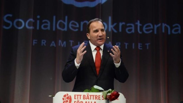 Opposition leader Stefan Lofven speaks at the election night party of the Social Democrats, in Stockholm.