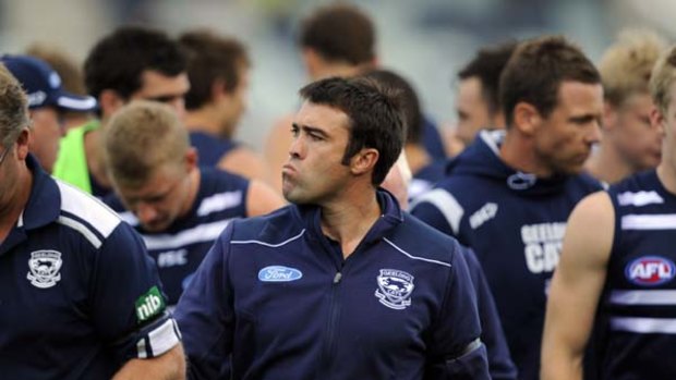 Geelong coach Chris Scott during the break of the game against the Bulldogs.