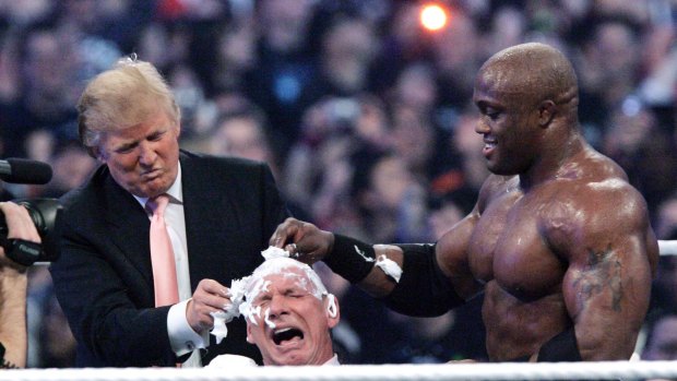  Donald Trump and Bobby Lashley shave the head of Vince McMahon at WrestleMania 23 in Detroit in 2007.