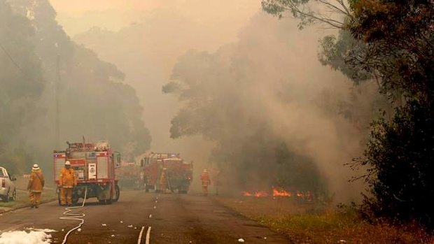 Smokescreen: Firefighters back-burn to protect homes at Nords Wharf on Friday.