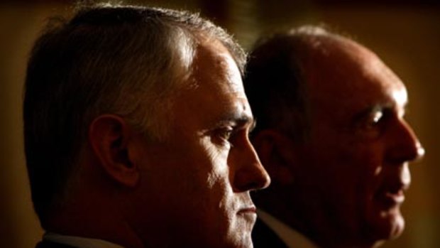 Head on...the Opposition Leader, Malcolm Turnbull, and the leader of the Nationals, Warren Truss, in Canberra yesterday.