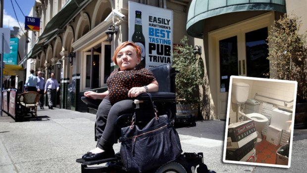 Stella Young  at the hotel  where the disabled toilet (inset) became a storeroom.