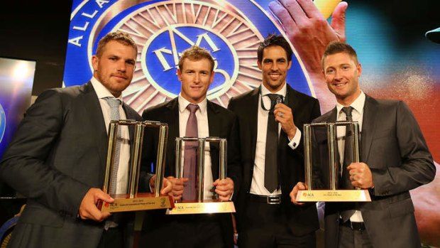Aaron Finch, George Bailey, Mitchell Johnson and Michael Clarke with their awards during the 2014 Allan Border Medal.