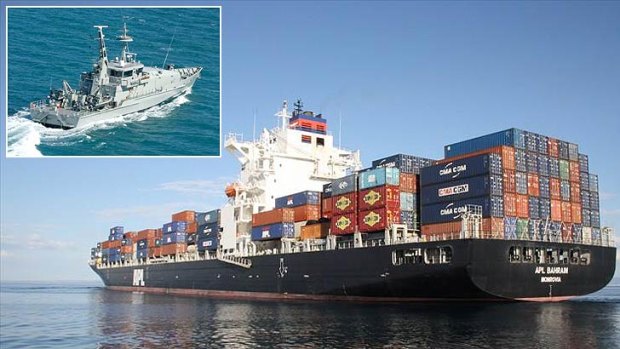 Bulk carrier APL Bahrain has lifted survivors from the sea while (inset) Australian navy patrol vessel HMAS Maitland races to help.