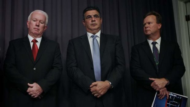 United ... (from left) ACC CEO John Lawler, AFL CEO Andrew Demetriou and Bill Pulver, ARU CEO.