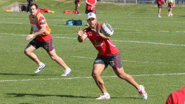 Back on the paddock: Benji Marshall training with the Dragons on Tuesday.