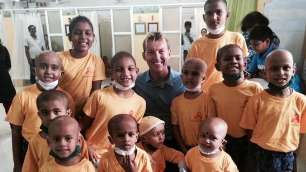 Brett Lee pictured this week with children in India, involved in his non-profit education program, Mewsic.