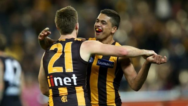 The continued development of Brad Hill (right), seen here celebrating a goal with Ben Ross, has been critical to Hawthorn's contuinued success.