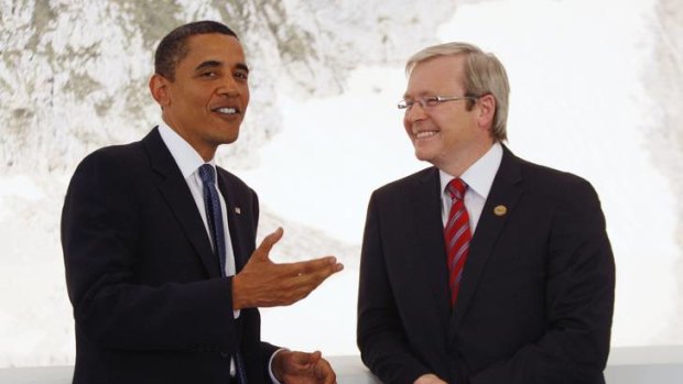 High society ... the Global Carbon Capture and Storage Institute put Kevin Rudd on stage with Barack Obama.