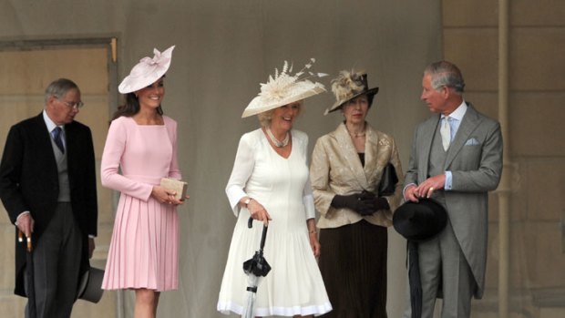 Catherine, Duchess of Cambridge, Camilla, Duchess of Cornwall, Princess Royal and Prince Charles, Prince of Wales attend a garden party at Buckingham Palace.
