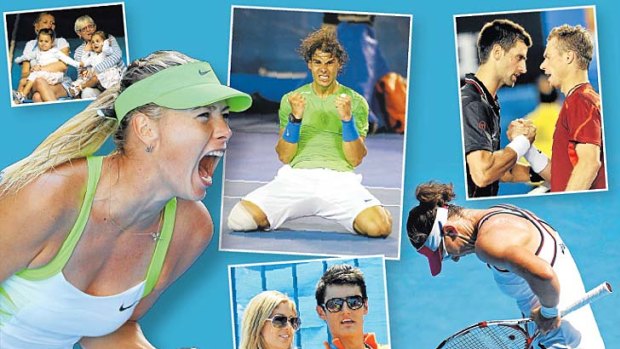 Clockwise from top left: the Federer twins Charlene and Myla; a delighted Rafael Nadal; Novak Djokovic and Lleyton Hewitt; a disappointed Sam Stosur; and Model Donay Meijer and Bernard Tomic.