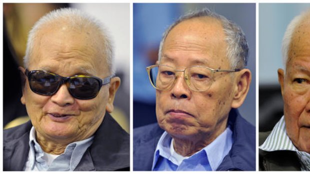(Left to right) Former Khmer Rouge deputy prime minister Leng Sary, former Khmer Rouge leader 'Brother Number Two' Nuon Chea and former Khmer Rouge leader head of state Khieu Samphan in court.