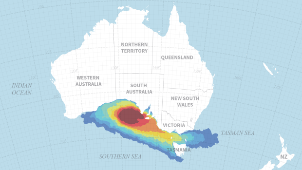 Areas potentially affected by a major winter blow-out of a BP exploration well in the Great Australian Bight
