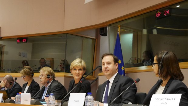 Trade Minister Steven Ciobo and Foreign Minister Julie Bishop in the European Parliament earlier this year.