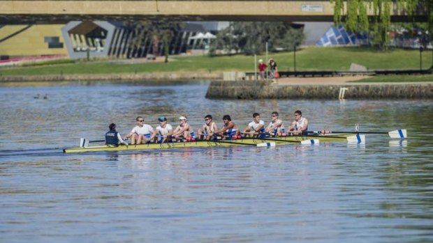 The 44th Disher Cup Regatta: The final race of the day, with the Australian National University Boat club's men's coxed eight in the lead.