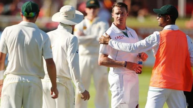 Harsh words: Dale Steyn (second from right) argues with Michael Clarke and James Pattinson on the fifth day of the third Test between South Africa and Australia in Cape Town.
