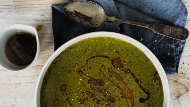Green pea and spinach soup with burnt butter.