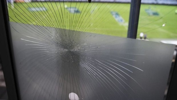The glass door to the Waratahs coaches box which was reportedly smashed by Waratahs head coach Michael Cheika.