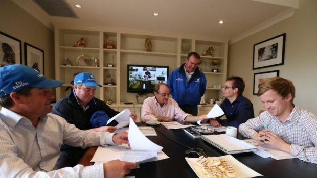 True blue: Darren Beadman, Brad Widdup, Henry Plumptre, John O’Shea, Jason Walsh and Tom Ward at the weekly planning meeting at Warwick Farm.