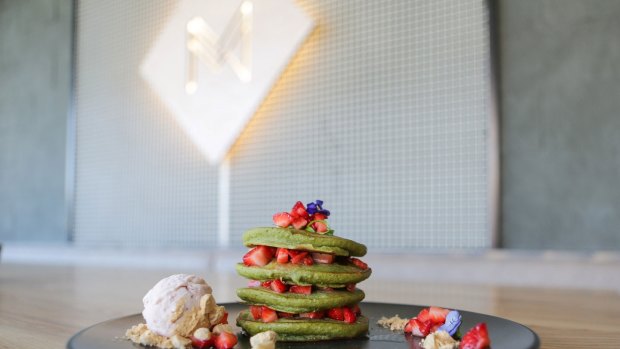 Matcha pancake stack with chocolate sauce from Matcha Mylkbar in Melbourne.