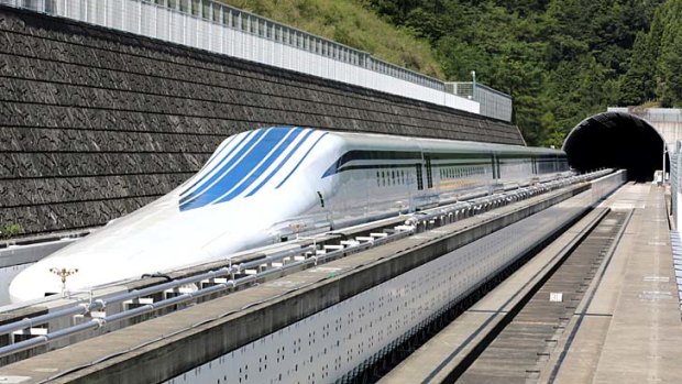 The L0 (L zero) series magnetic-levitation train sits parked on a test track.