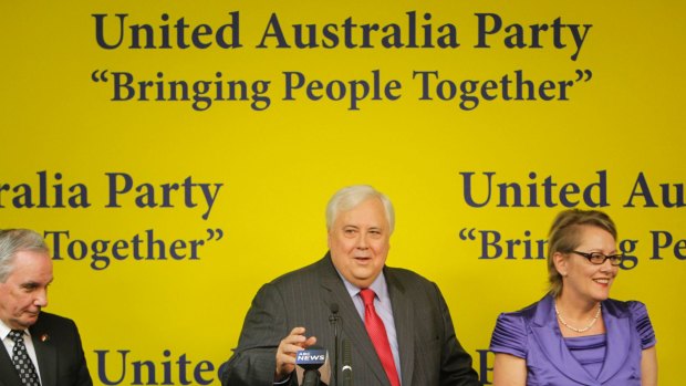Jim MacAnally, Clive Palmer and Susie Douglas at the launch of Mr Palmer's party