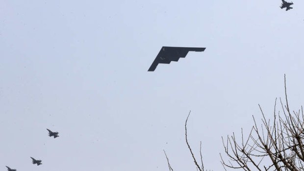 US Air Force B-2 stealth bomber flies over near Osan US Air Base in Pyeongtaek, south of Seoul, South Korea