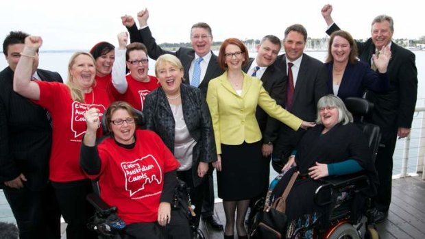 Prime Minister Julia Gillard, Minister for Disability Reform Jenny Macklin and Victorian Premier Denis Napthine at the announcement that the headquarters for DisabilityCare will be in Geelong.