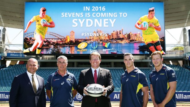 Change: Australian sevens coach Geraint John, second from left, has announced he is leaving the role.
