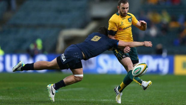 Nic White kicks during the match between the Wallabies and Argentina in Perth.